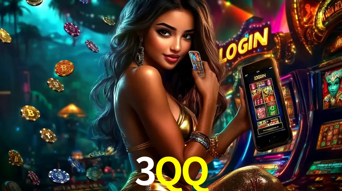 Mulher em um cenário de cassino temático de aventura, mostrando o app de caça-níqueis da 3QQ no celular. Fichas de apostas flutuam ao redor.