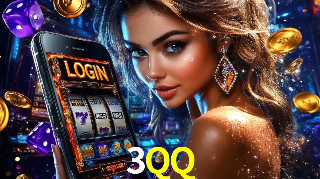 Mulher glamorosa segurando um smartphone com a tela de login para os jogos de caça-níqueis do cassino online 3QQ, com moedas de ouro e dados ao redor.