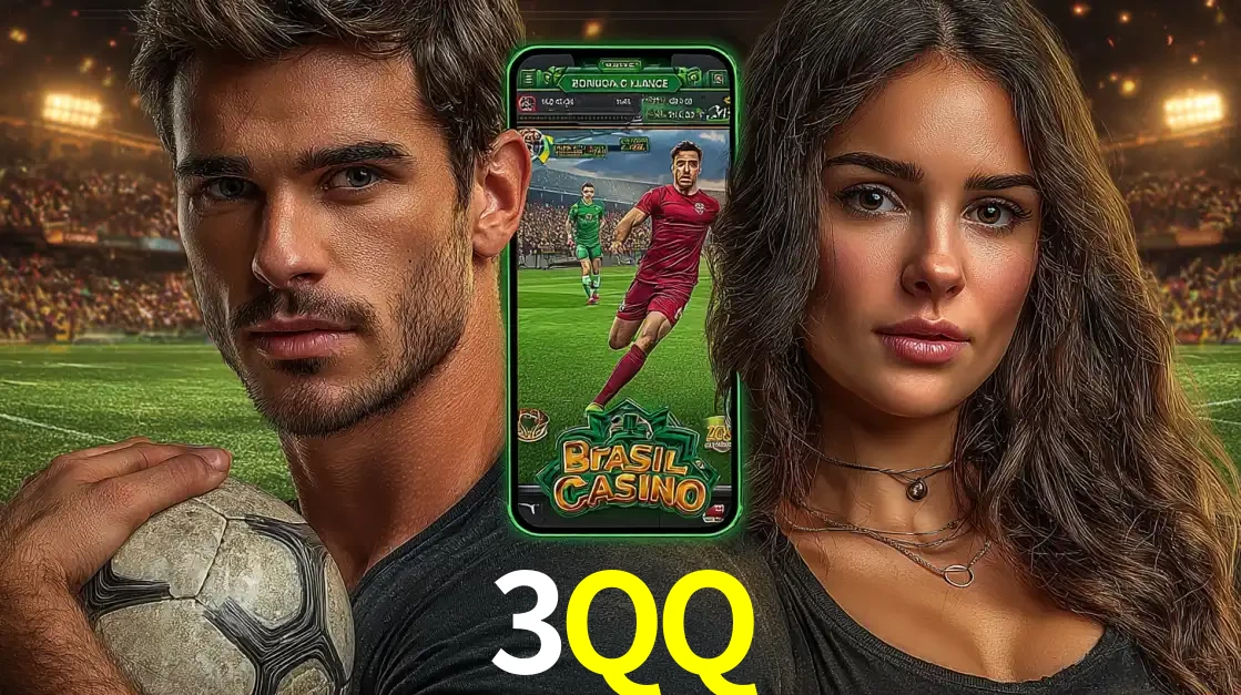 Homem segurando uma bola de futebol e uma mulher ao lado de um smartphone exibindo o jogo de apostas esportivas da 3QQ. Faça seu palpite no cassino online.